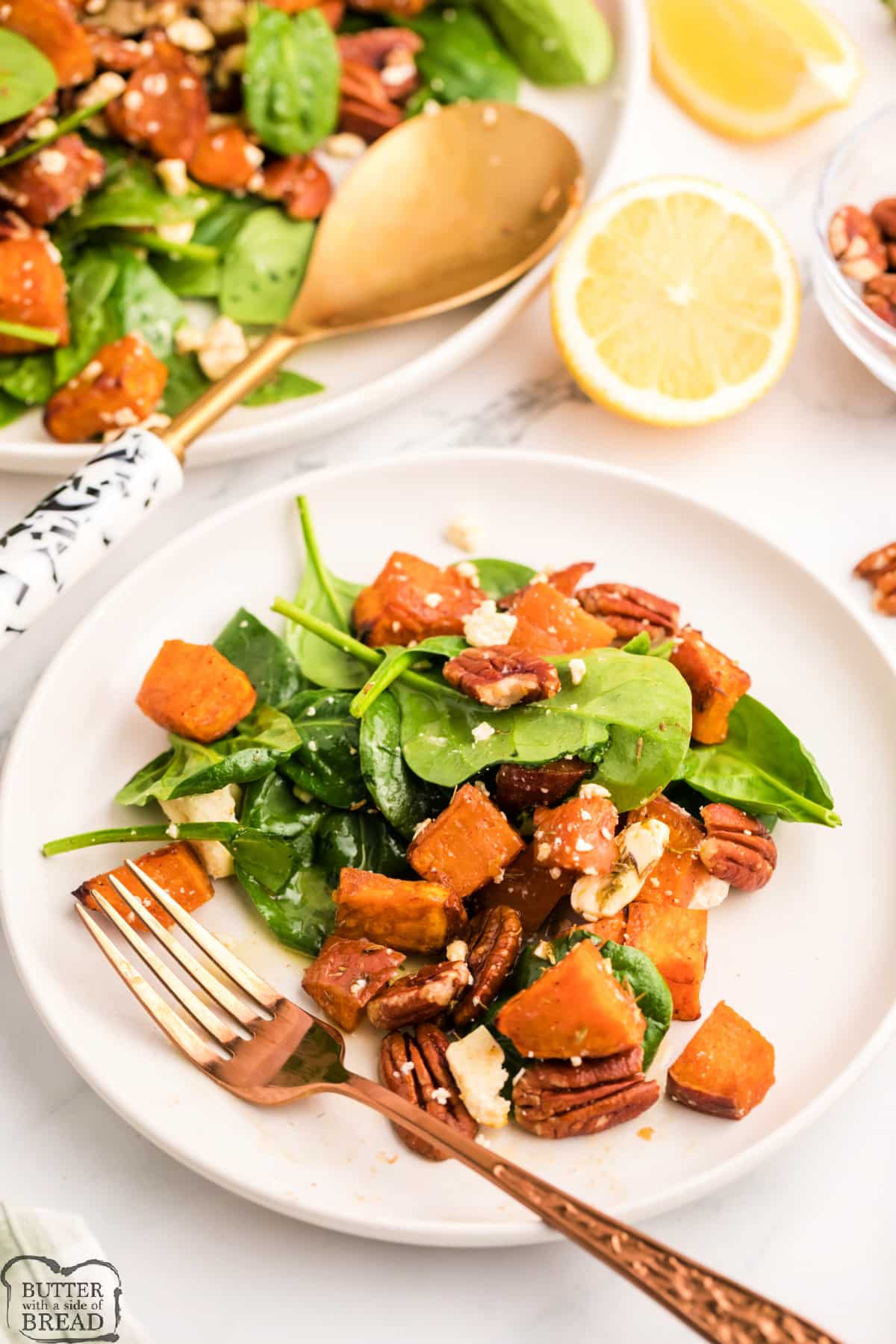 Salad with roasted sweet potatoes, spinach, feta and a honey lemon thyme dressing. 