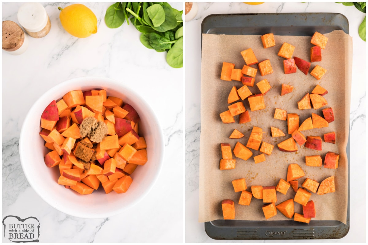 How to roast sweet potatoes with cinnamon and brown sugar.