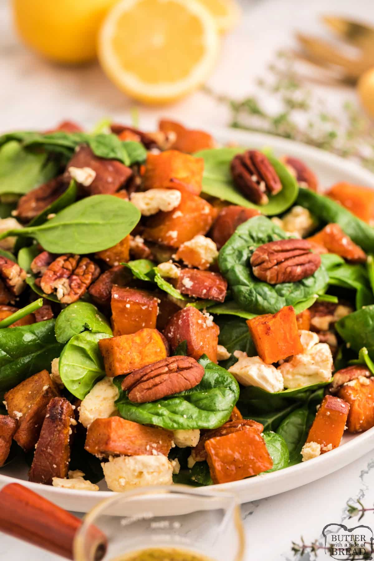 Spinach with pecans, sweet potatoes and feta. 