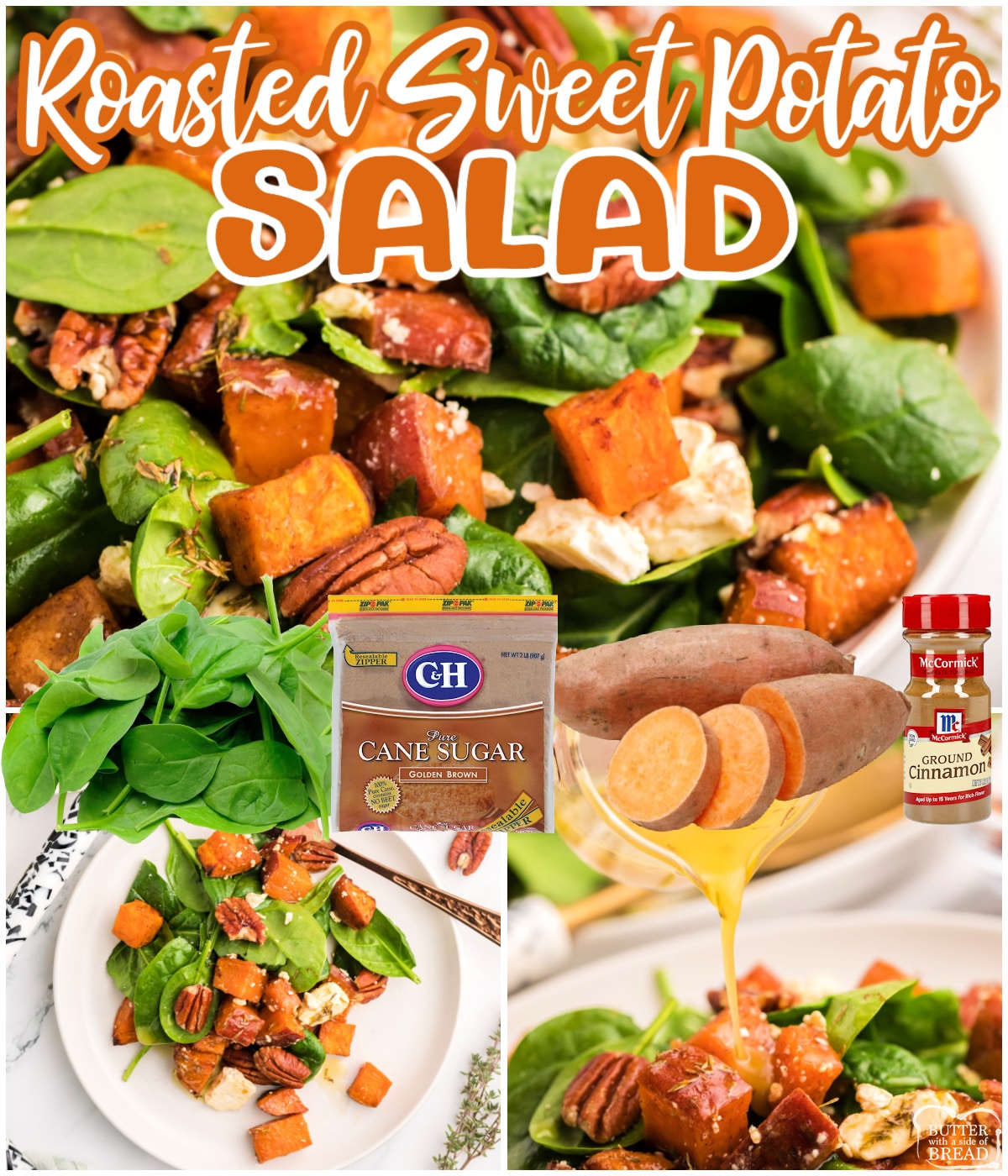 Roasted Sweet Potato Salad is made with sweet potatoes that have been coated in cinnamon and brown sugar and then roasted to perfection. This delicious salad recipe is simple enough to enjoy regularly, and fancy enough to serve at an elegant dinner! 
