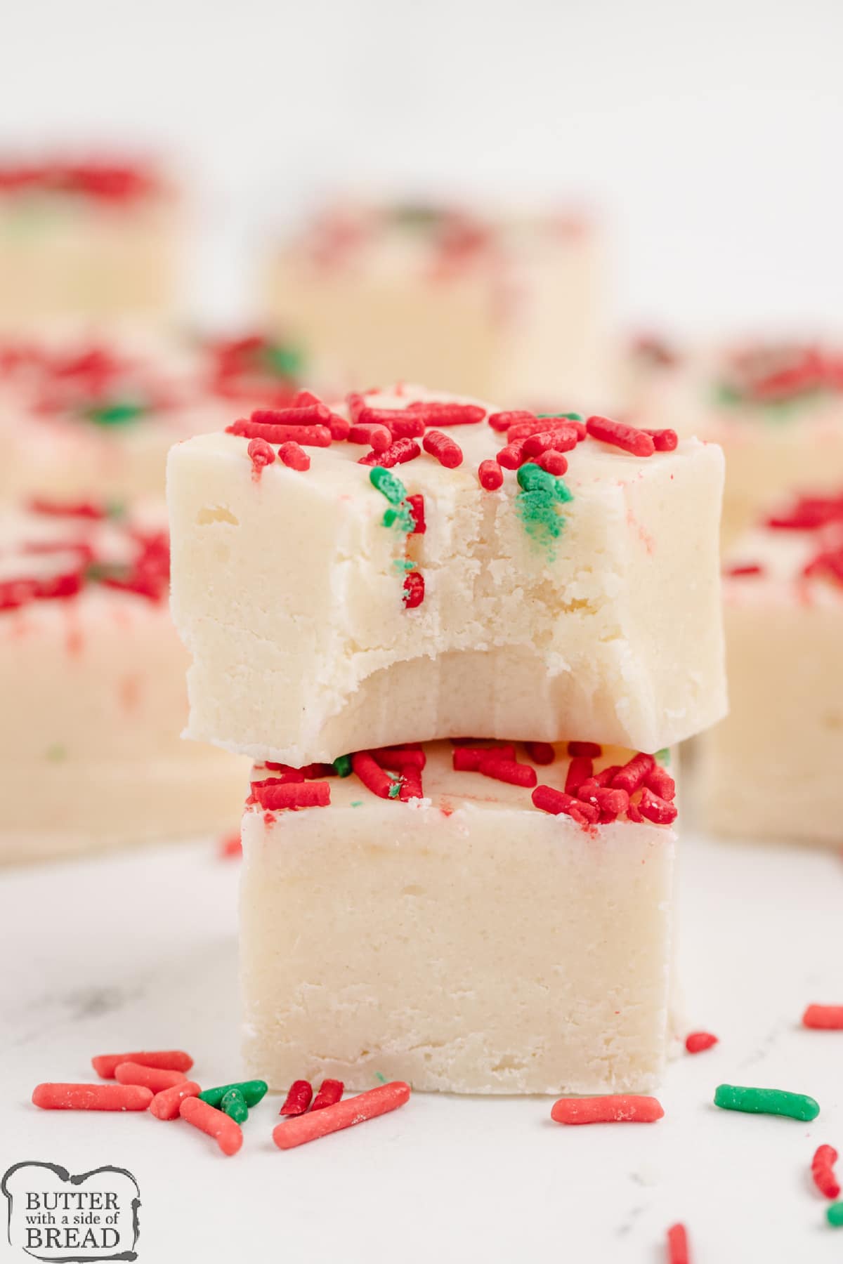 White fudge recipe with red and green sprinkles.