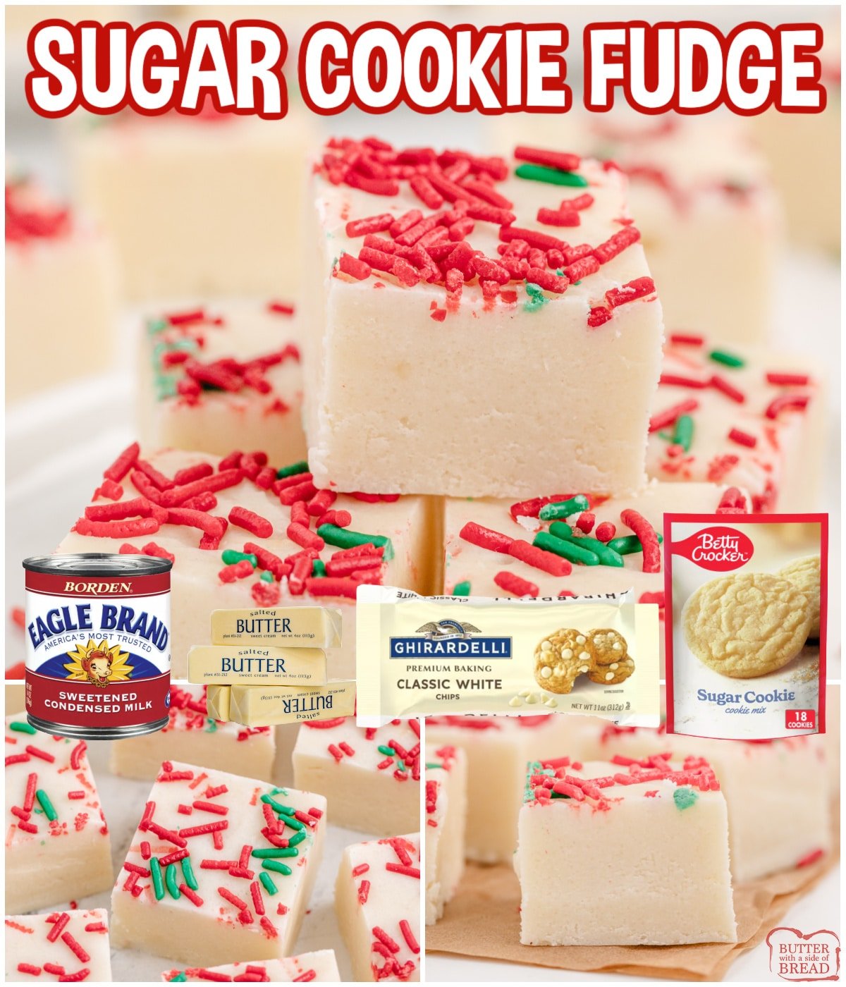 Sugar Cookie Fudge is rich, creamy and made with only 4 ingredients! Easy fudge recipe that tastes just like sugar cookies.