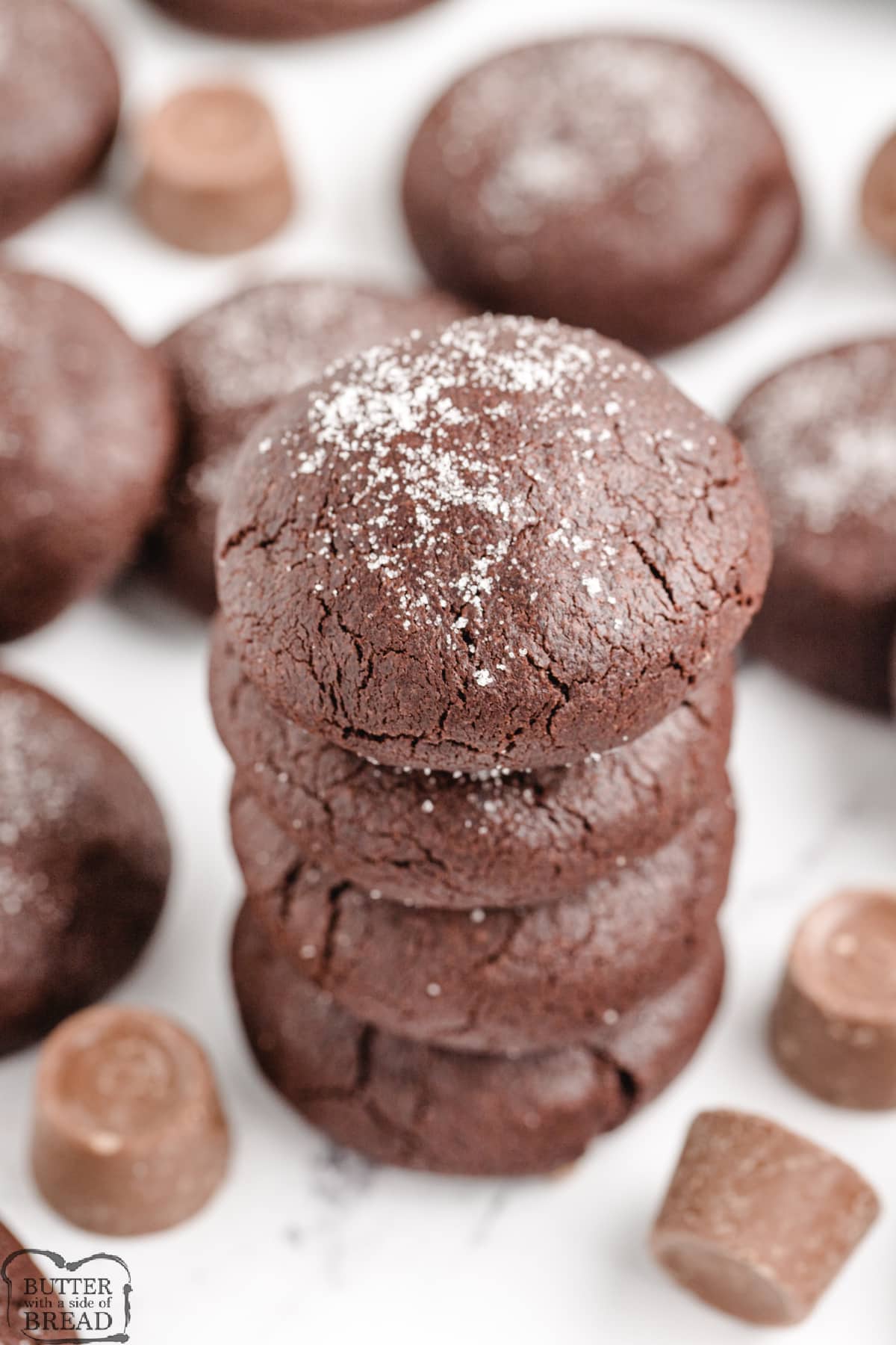 Chocolate cake mix cookies with Rolo in the middle. 