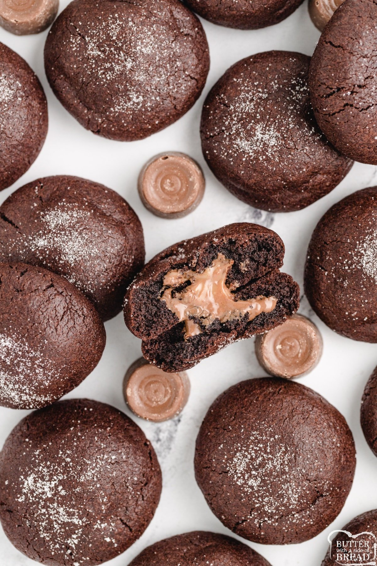 Cake Mix Rolo Cookies are made with only 4 ingredients. Simple chocolate cake mix cookies with a Rolo candy in the middle!