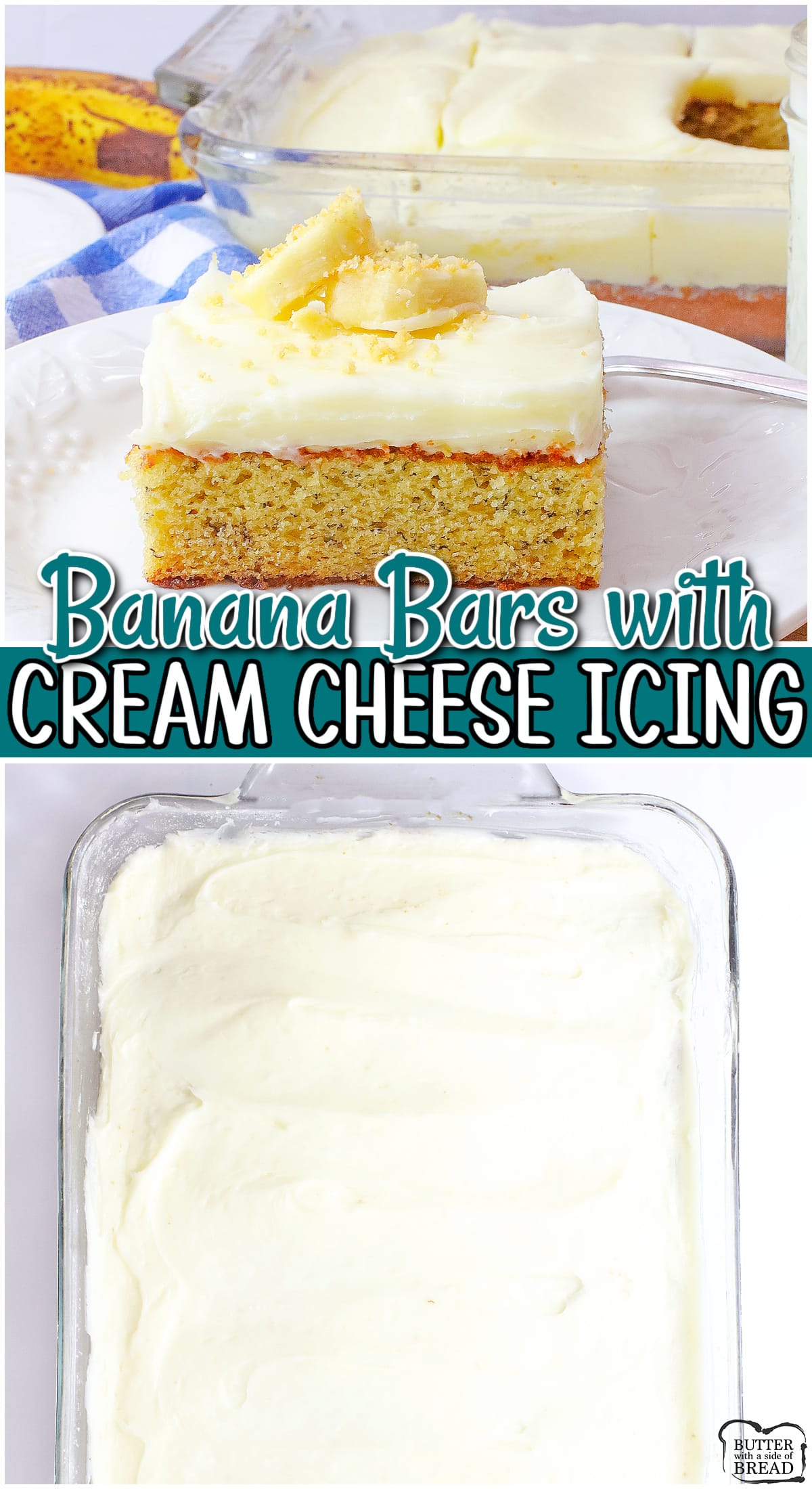 Old fashioned Banana Bars with Cream Cheese Frosting made with classic ingredients including ripe bananas, cinnamon, butter & sugar. Sweet, cake-like dessert bars loaded with delicious banana flavor! 