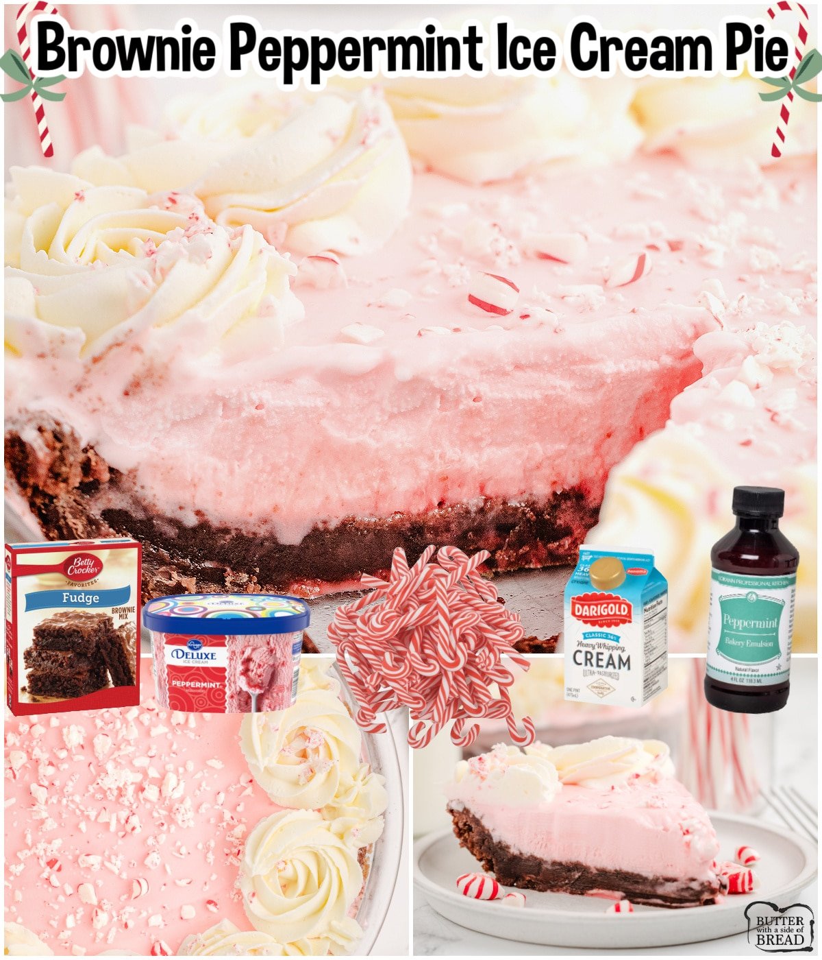 Brownie Peppermint Ice Cream Pie is made with a brownie crust, topped with peppermint ice cream & whipped cream!  Perfect peppermint dessert for the holidays! 
