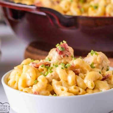 chicken bacon mac and cheese in a white bowl
