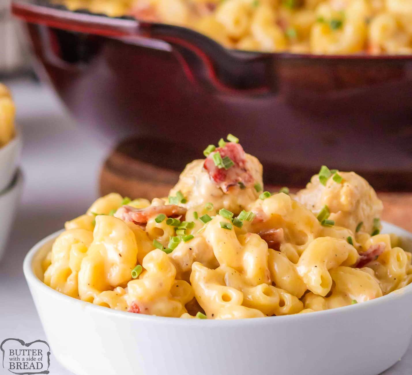chicken bacon mac and cheese in a white bowl