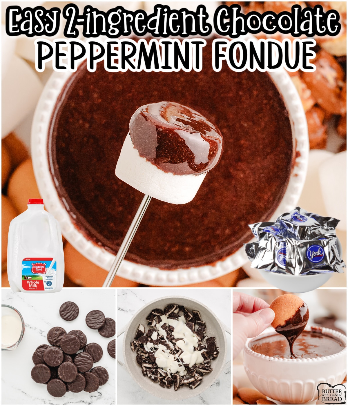 Peppermint Fondue made easy with just chocolate peppermint patties & milk! Decadent chocolate fondue that is perfect for fruit, cookies, or even marshmallows.