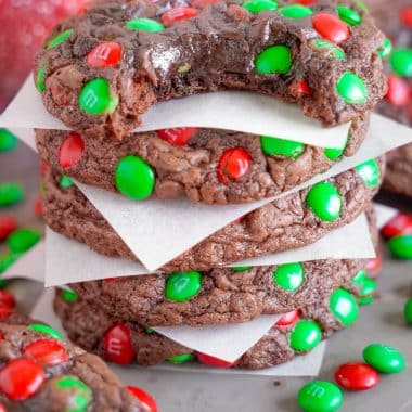 stack of brownie cookies with mini Christmas M&M candies