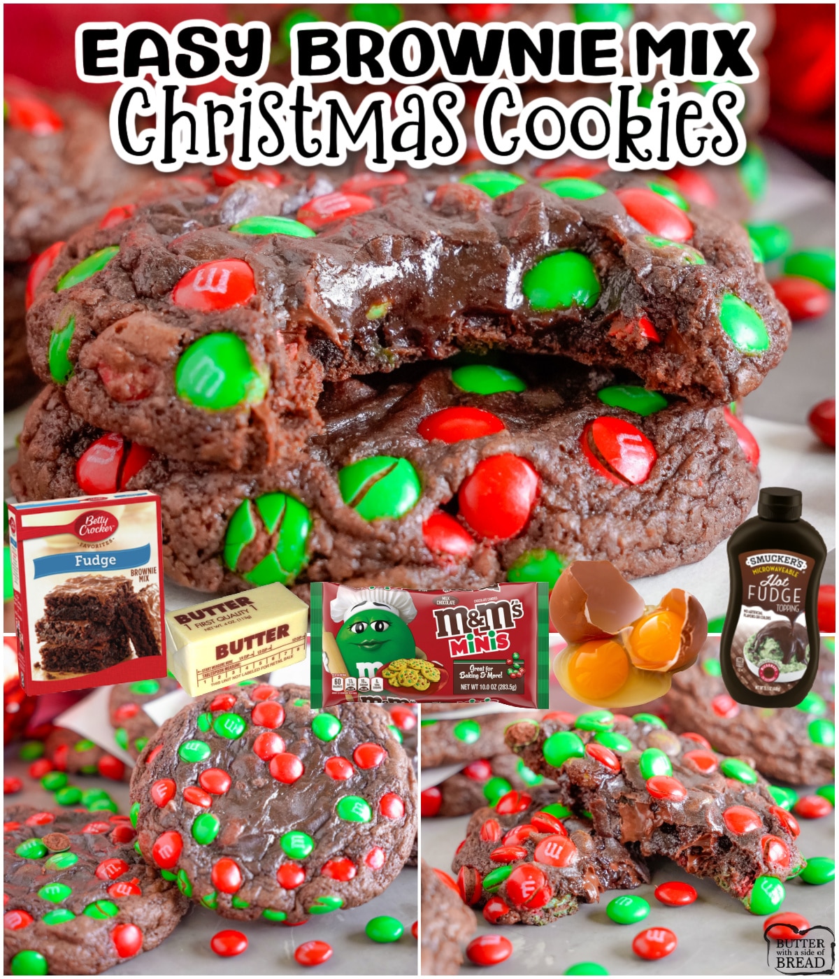 Christmas Brownie Cookies are fudgy, chocolate treats made easily with a brownie mix & M&M candies! Festive colors and lovely flavor adorn these simple brownie mix cookies!