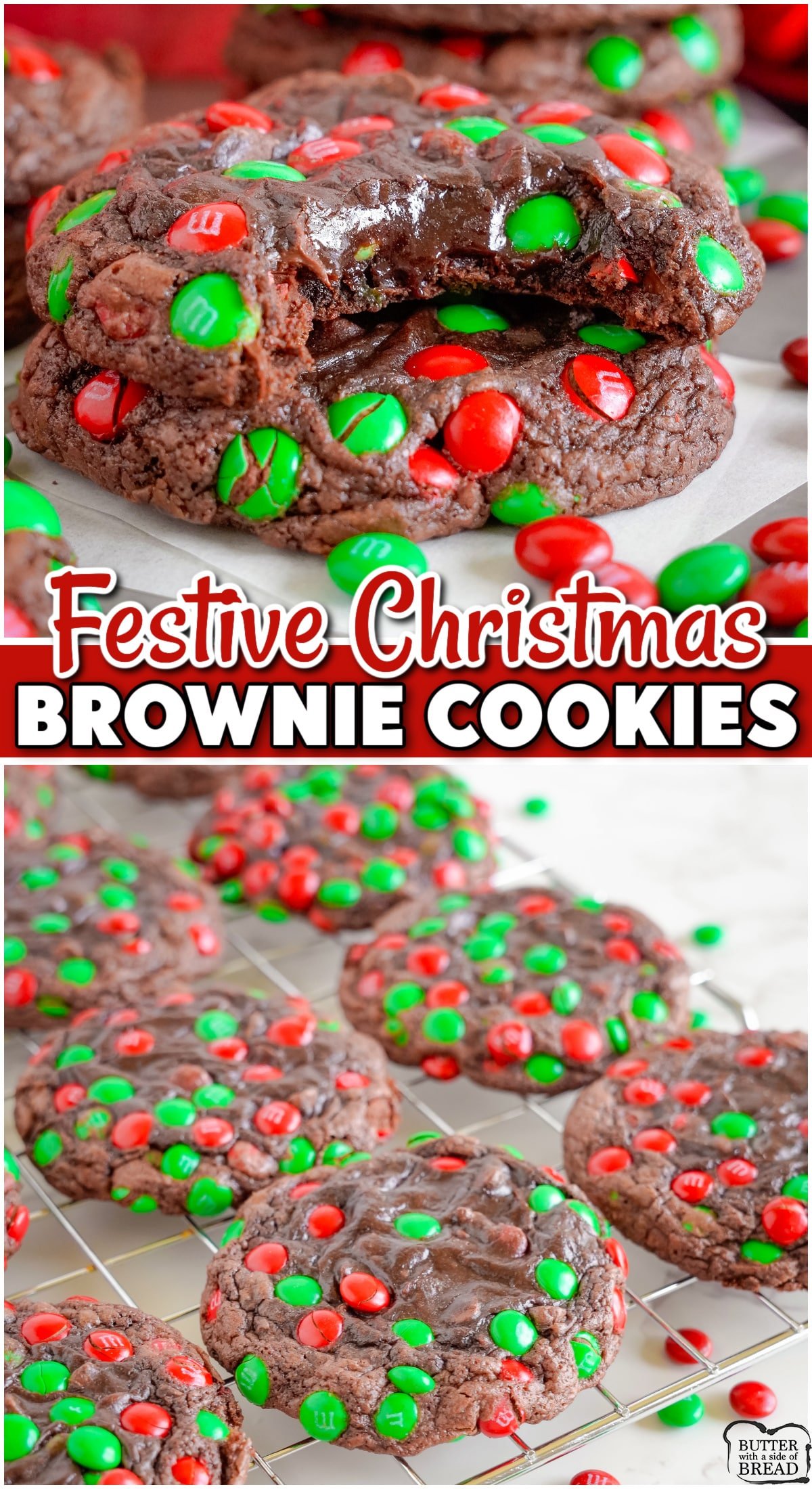 Christmas Brownie Cookies are fudgy, chocolate treats made easily with a brownie mix & M&M candies! Festive colors and lovely flavor adorn these simple brownie mix cookies!