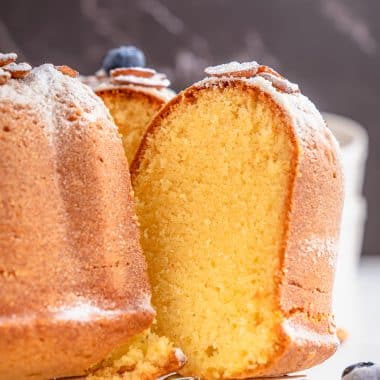 buttery cream cheese pound cake sliced into
