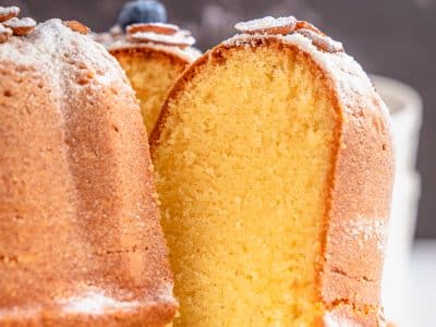 buttery cream cheese pound cake sliced into