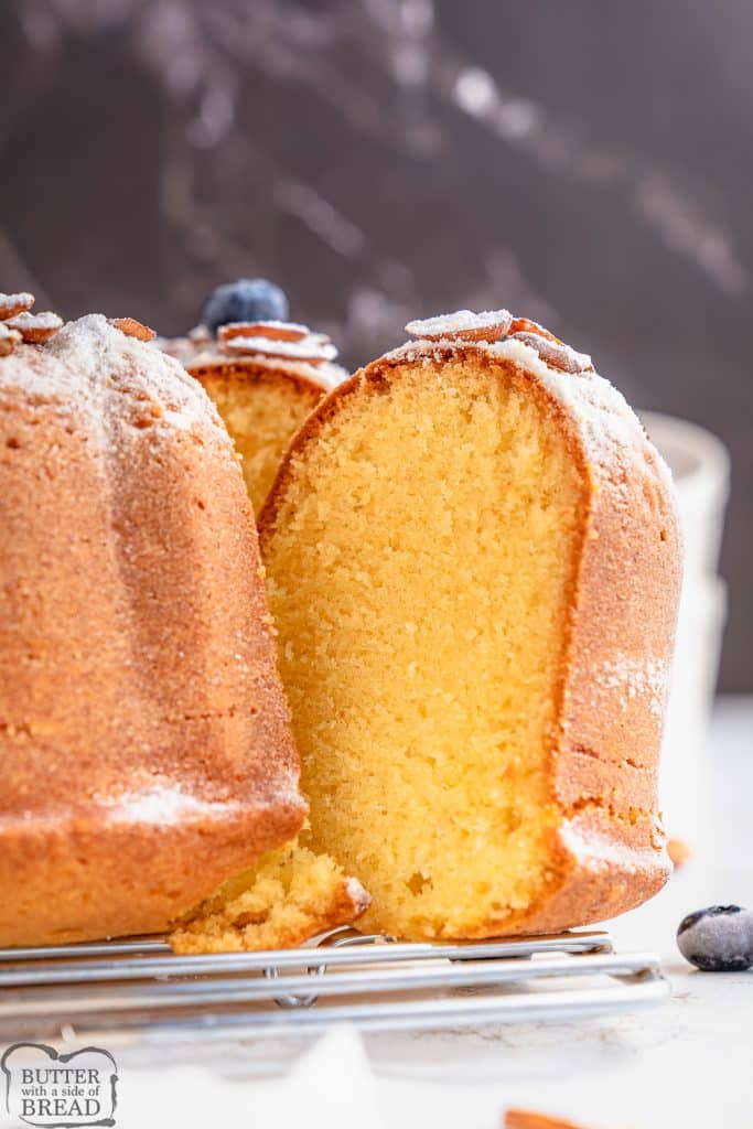 buttery cream cheese pound cake sliced into