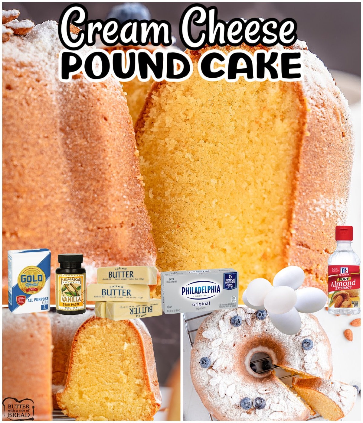 Buttery Cream Cheese Pound Cake has a light, moist texture and amazing butter almond vanilla flavors! Dust with powdered sugar and serve with fresh berries for a delightful treat! 