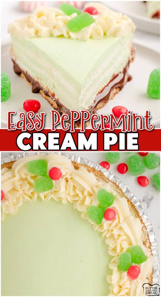 Peppermint Cream Pie is a delightful holiday pie layered with chocolate, cream cheese & sweet cream flavored filling with peppermint! This festive no-bake dessert is perfect for Christmas and is also easy to make!