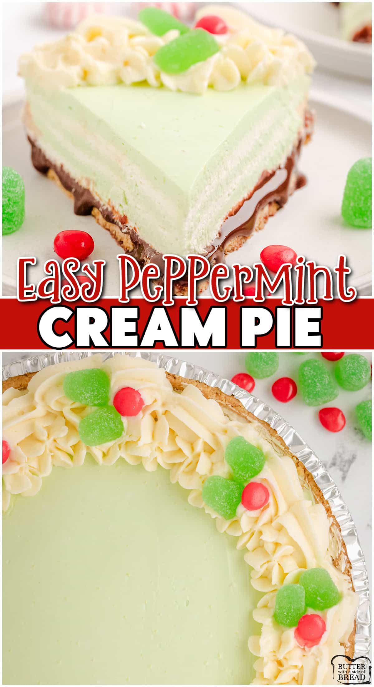 Peppermint Cream Pie is a delightful holiday pie layered with chocolate, cream cheese & sweet cream flavored filling with peppermint! This festive no-bake dessert is perfect for Christmas and is also easy to make!