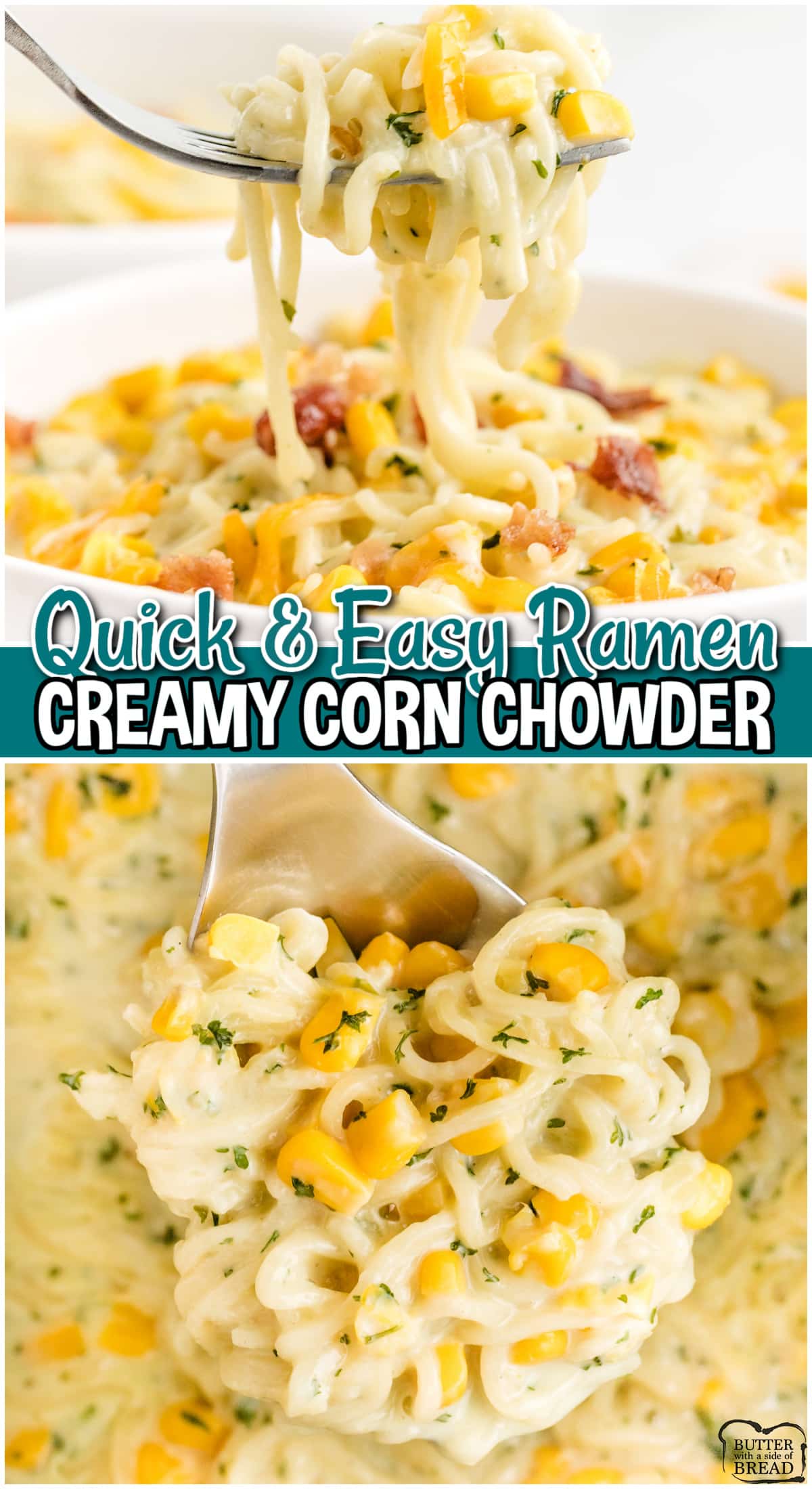 5 Minute Ramen Chowder made easy with chicken ramen, milk, corn, bacon & cheese! Simple jazzed up ramen noodles that's a fantastic twist on a classic!