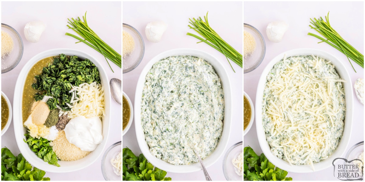 Mixing everything together to make easy spinach dip recipe.