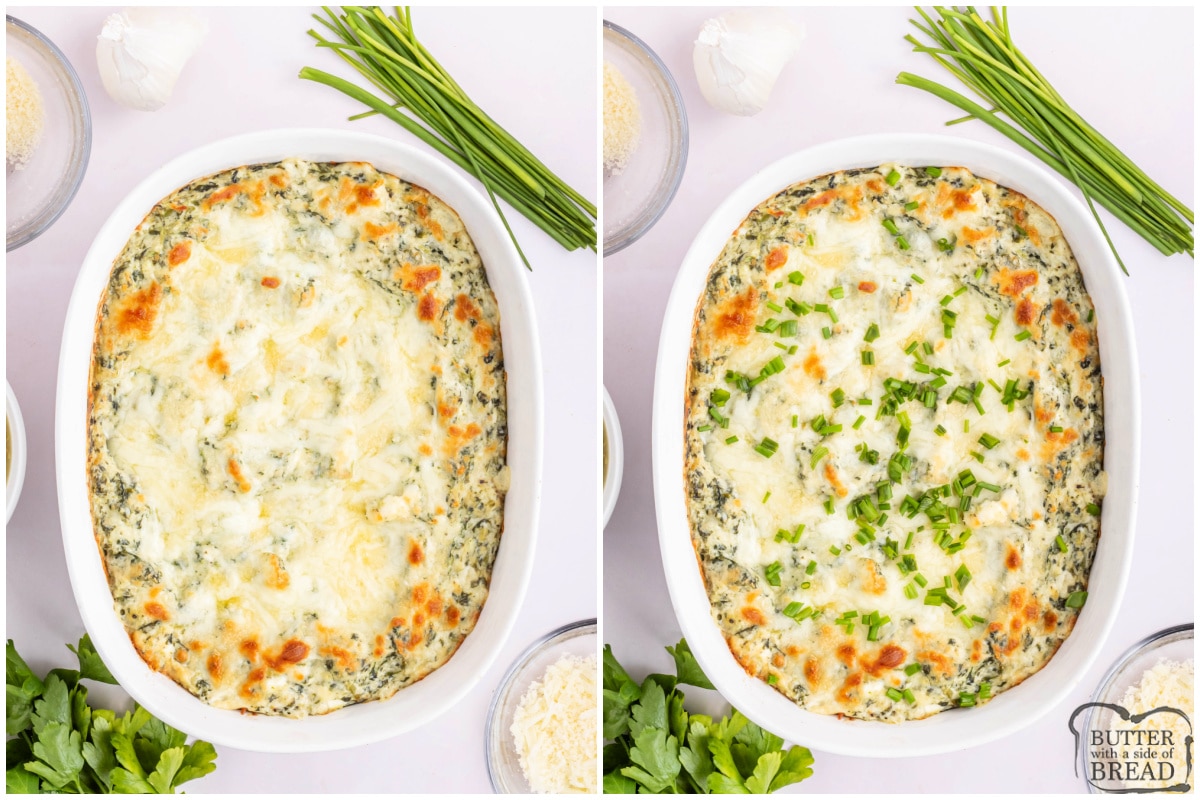 Baking spinach dip with cheese on top.