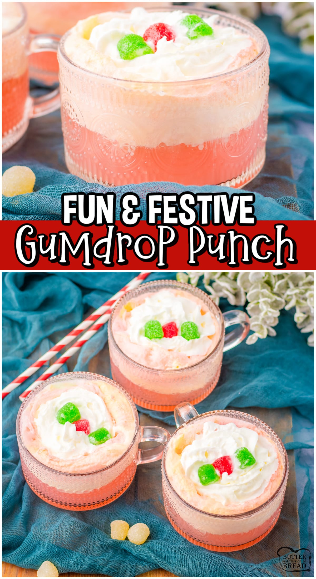 Christmas Gumdrop Punch is a festive, fruity drink made with Cherry 7-Up, rainbow sherbet & vanilla ice cream & is perfect for holiday gatherings!