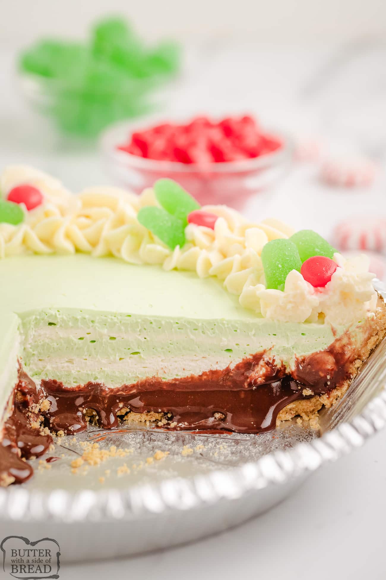 slice cut out of a peppermint cream pie
