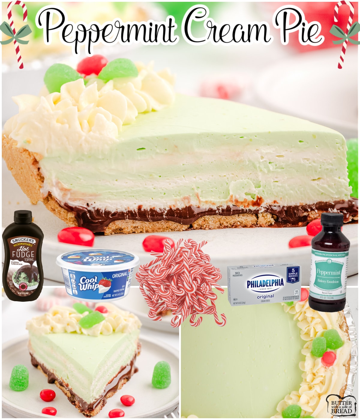 Peppermint Cream Pie is a delightful holiday pie layered with chocolate, cream cheese & sweet cream flavored filling with peppermint! This festive no-bake dessert is perfect for Christmas and is also easy to make!