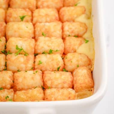 Ranch chicken tater tot casserole in a white baking dish