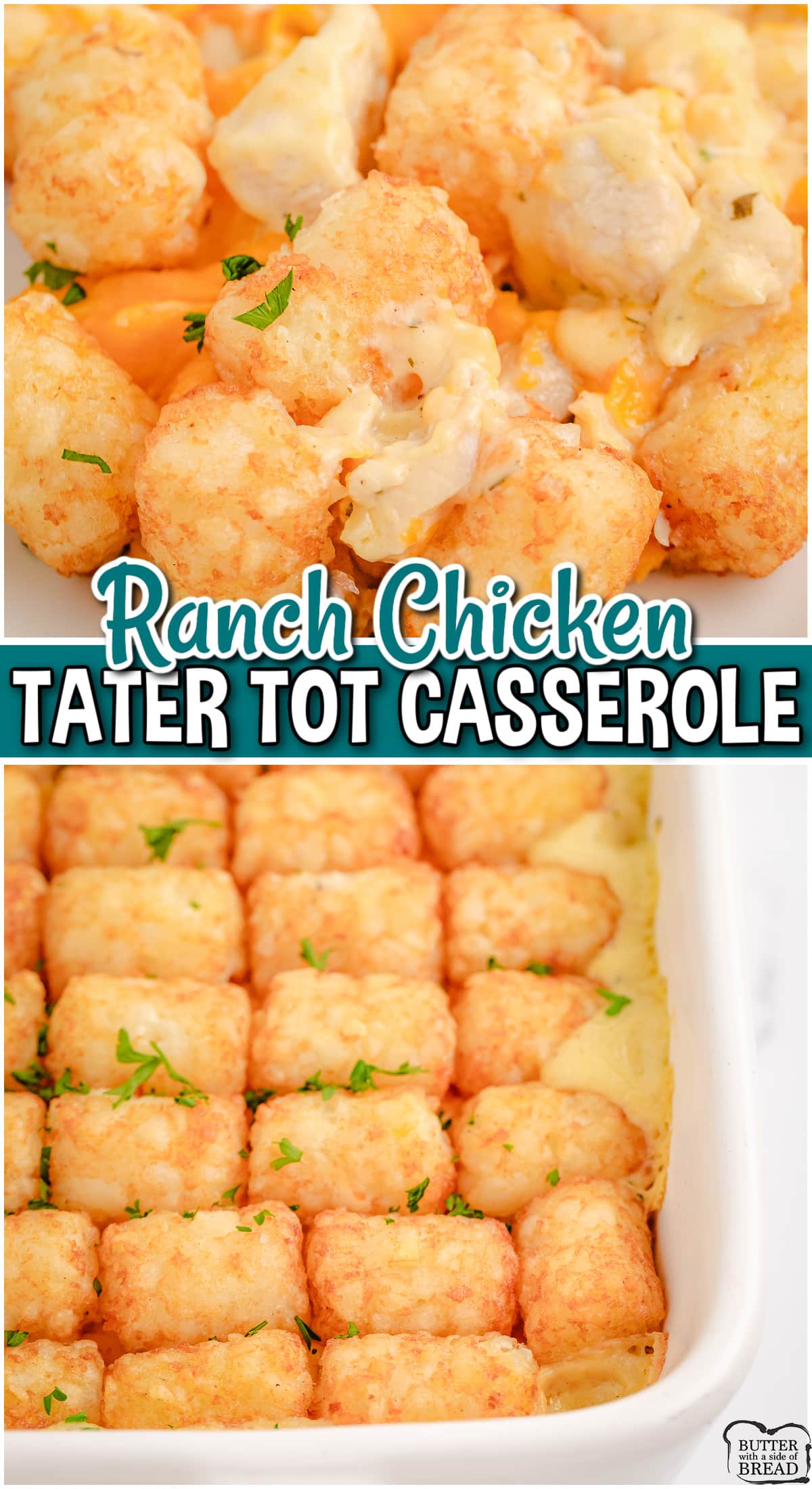 Ranch Chicken Tater Tot Casserole is made with crispy tater tots, tender chicken, & zesty ranch seasoning for a cheesy, flavorful dinner everyone loves!