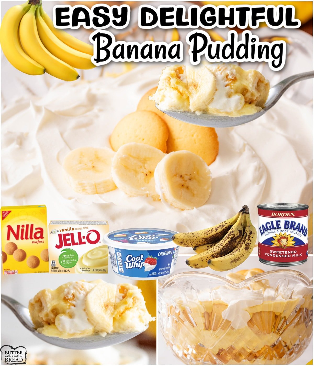 Simple & flavorful Banana Pudding Recipe made with pudding mix, milk, vanilla wafers, condensed milk, whipped topping & fresh bananas. A delightful banana dessert everyone loves! 