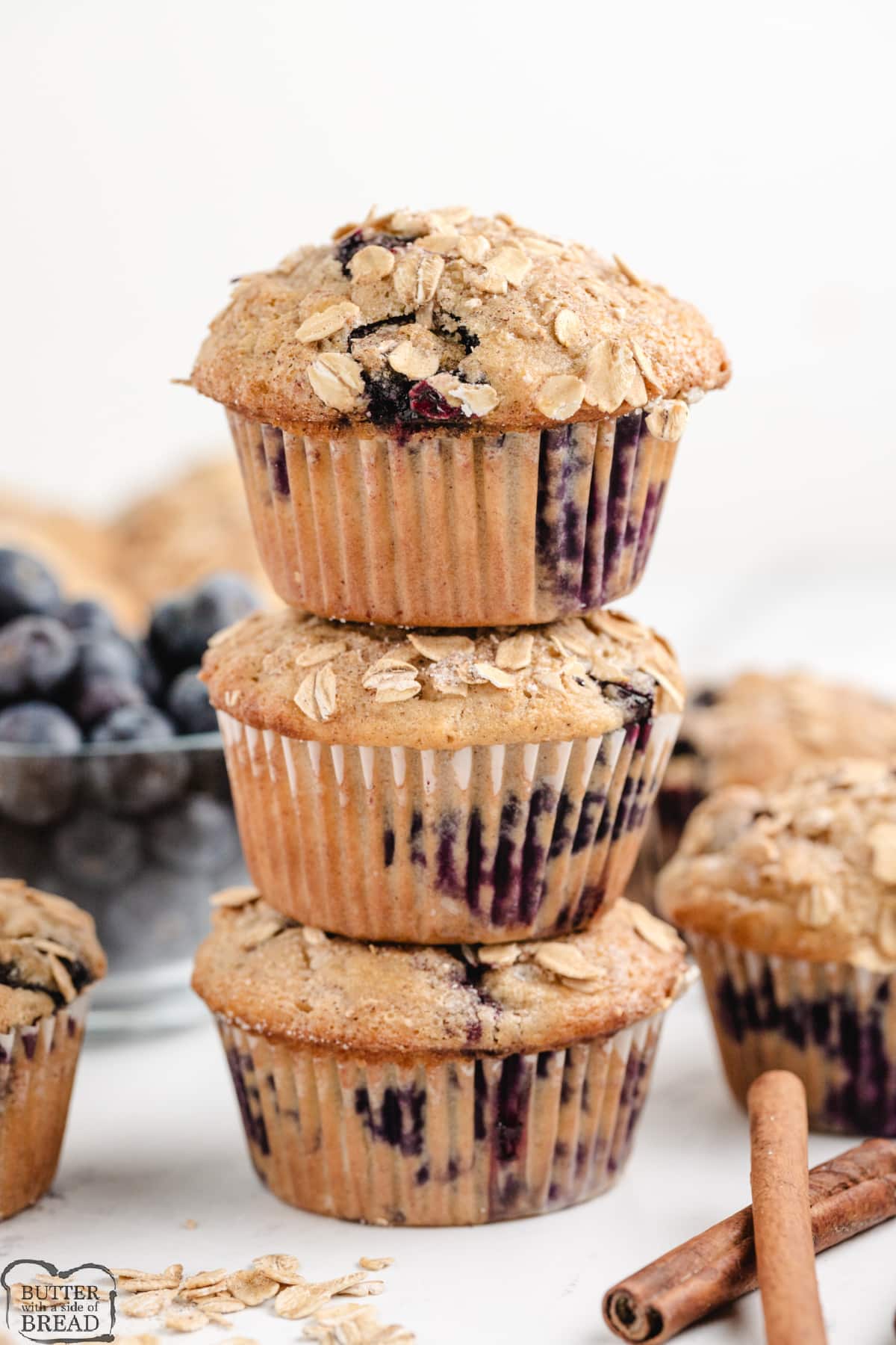 Stack of fresh blueberry oatmeal muffins. 