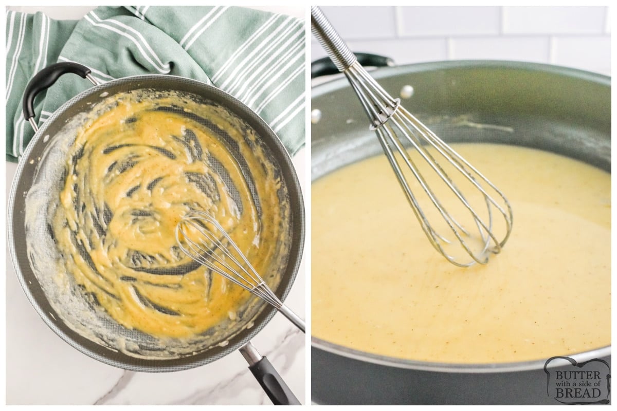Mixing butter, flour and chicken broth together. 