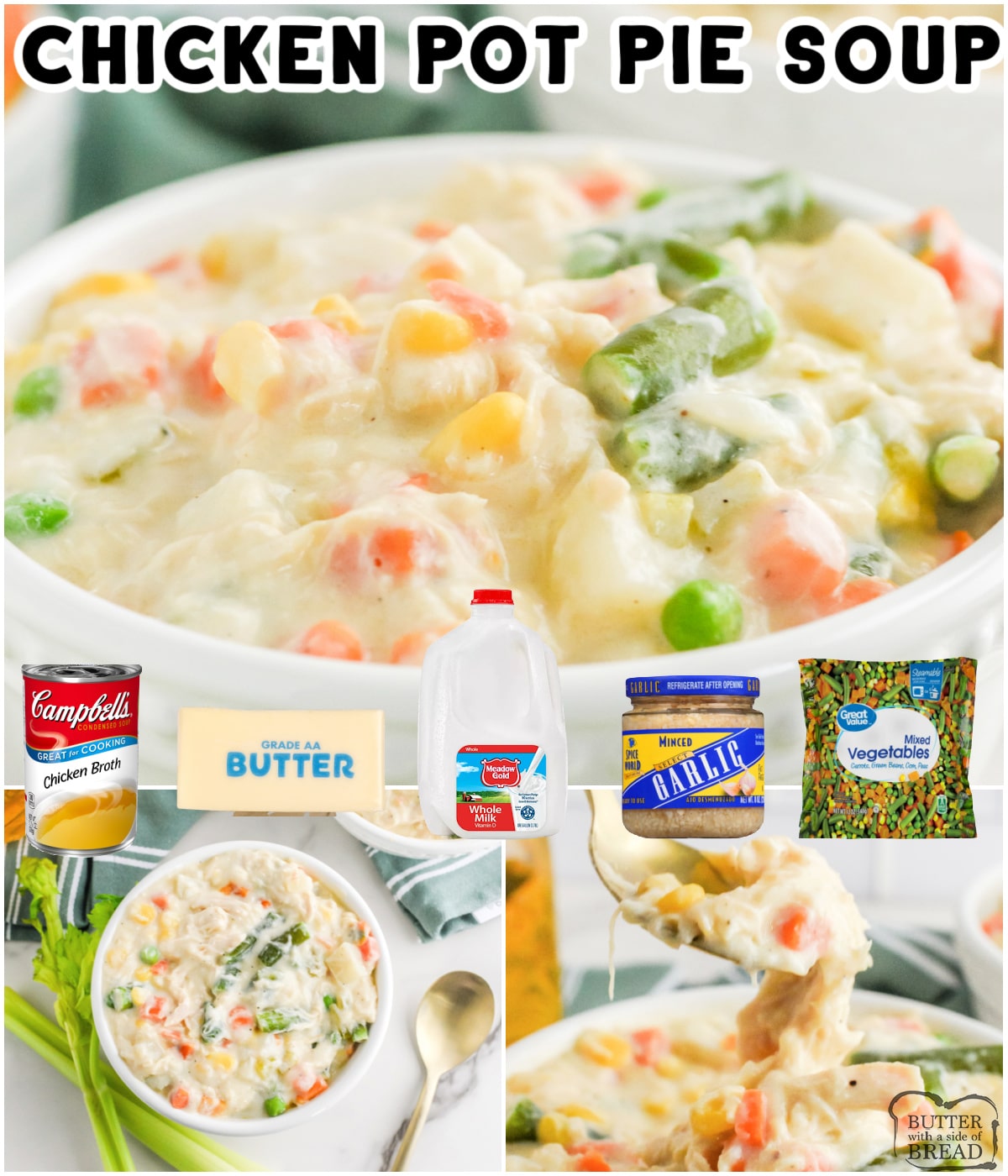 Chicken Pot Pie Soup is comfort food that is ready in less than 30 minutes! Easy soup recipe that is flavorful, creamy and full of vegetables and chicken. 