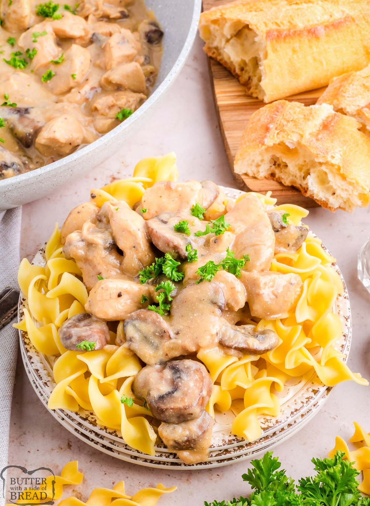 chicken stroganoff made at home served on a plate of noodles