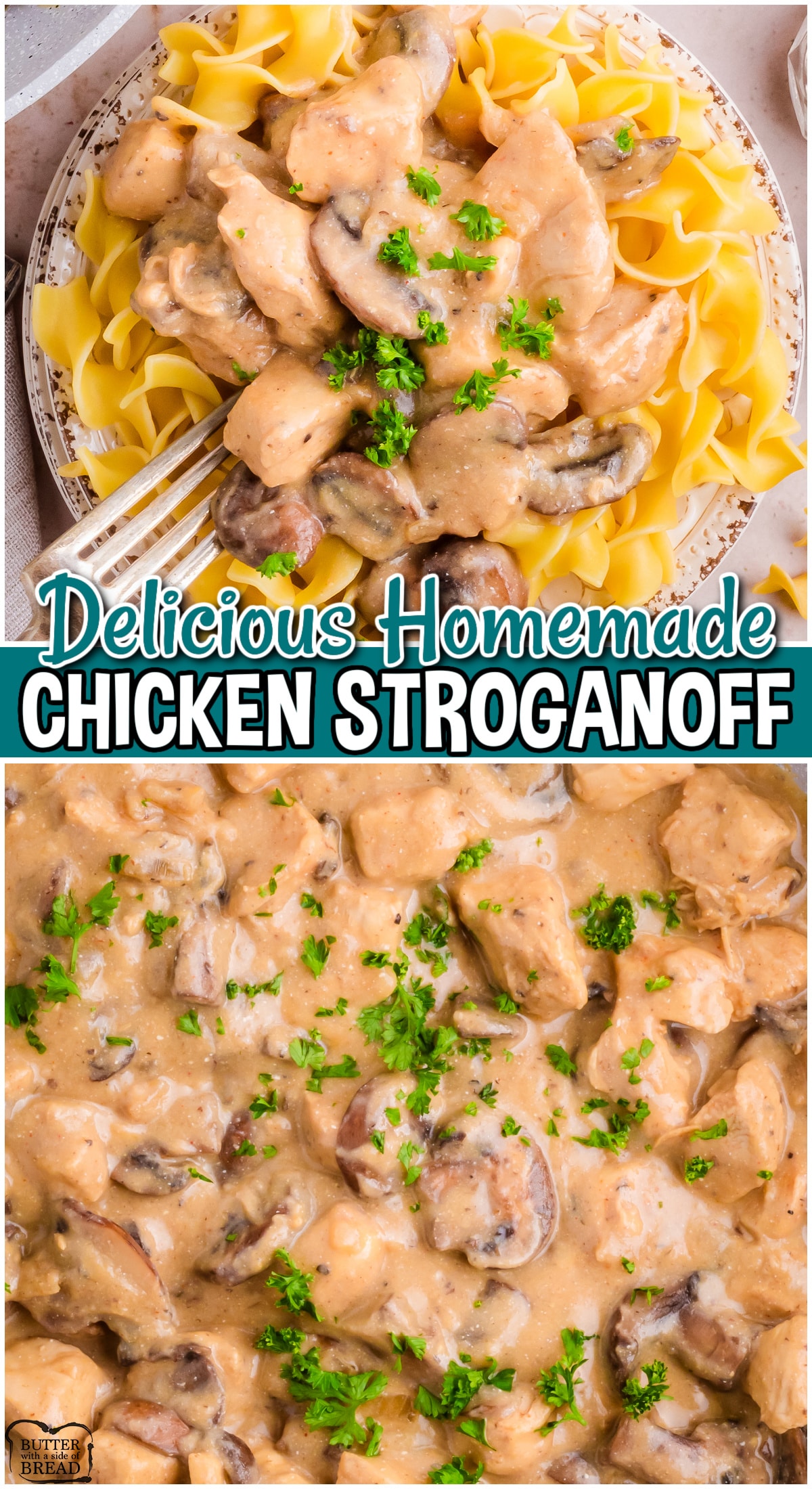 Chicken Stroganoff is a comforting dinner that's easy to make & full of flavor! This from scratch stroganoff recipe consists of sauteed chicken in a creamy mushroom sauce is ready in about 30 minutes!