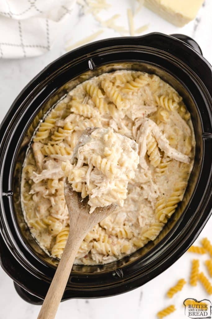 CROCKPOT GARLIC PARMESAN CHICKEN PASTA - Butter with a Side of Bread