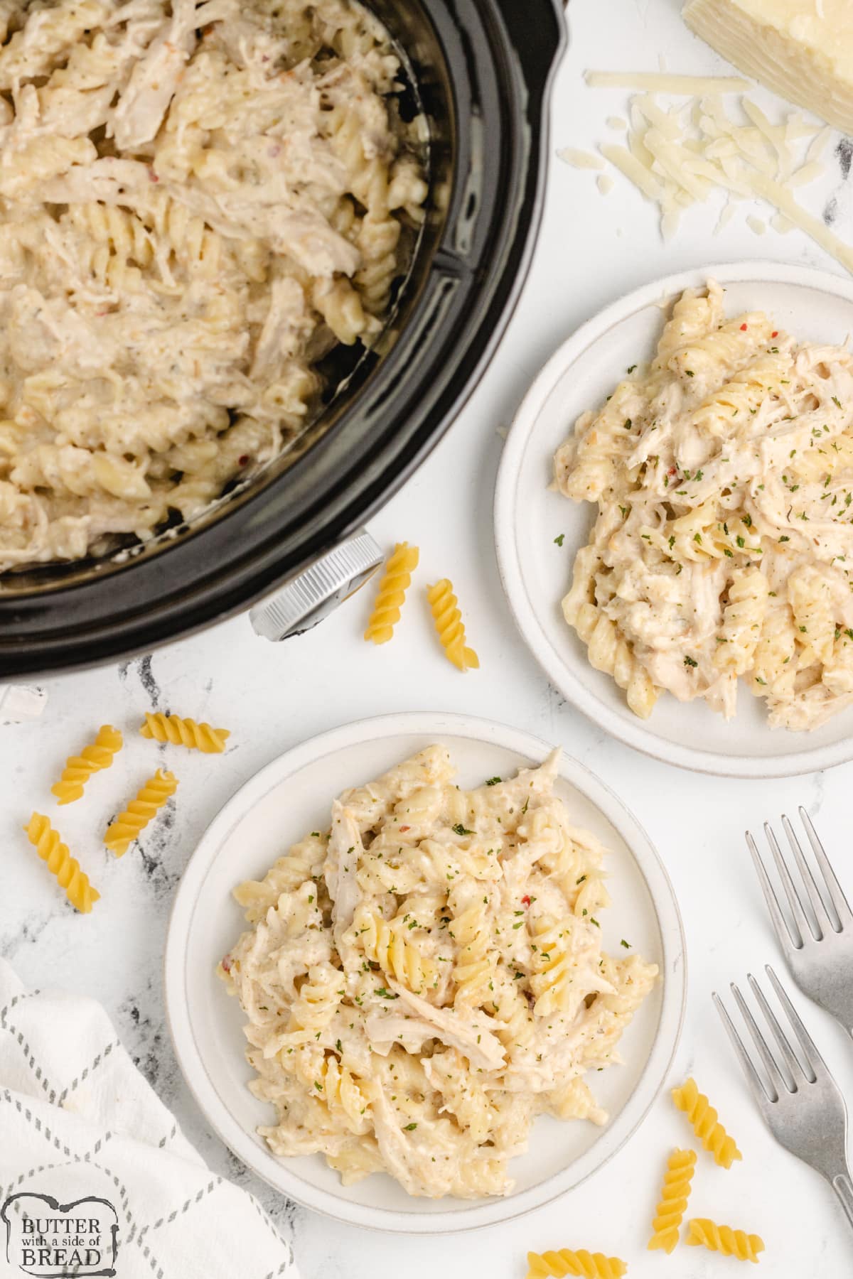 Chicken pasta recipe made in a slow cooker. 