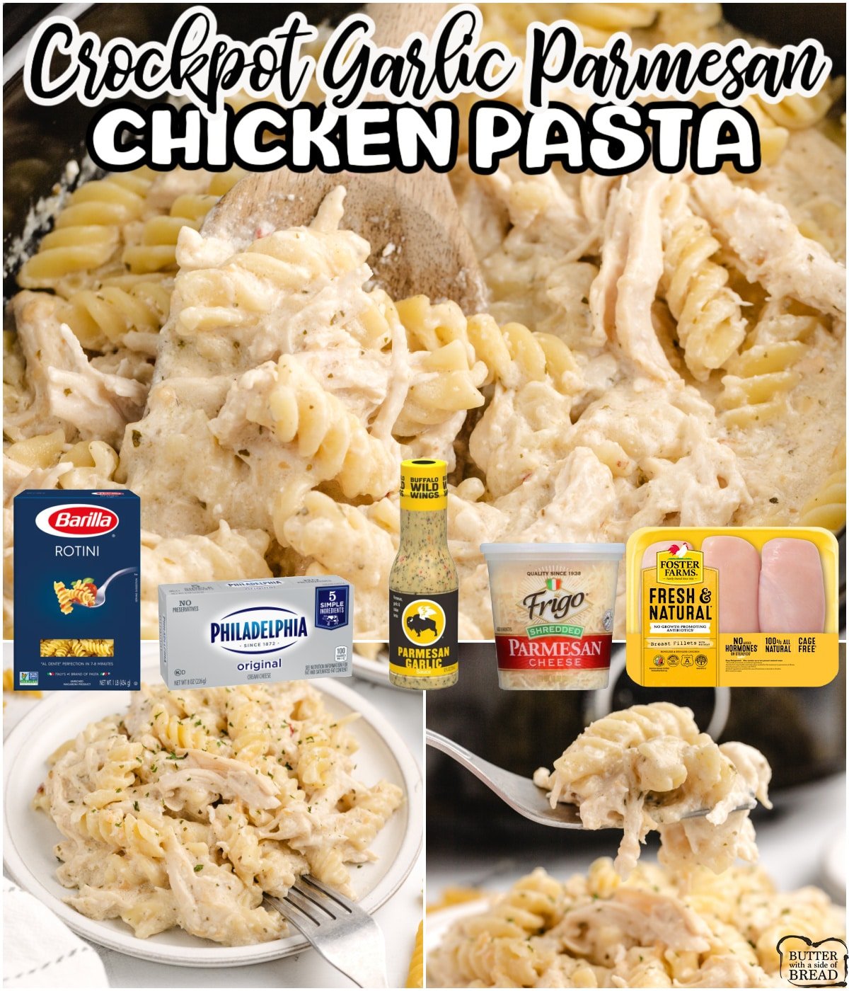 Crockpot Garlic Parmesan Chicken Pasta is made with 6 ingredients and only a few minutes of prep time. Easy weeknight dinner recipe that everyone loves! 