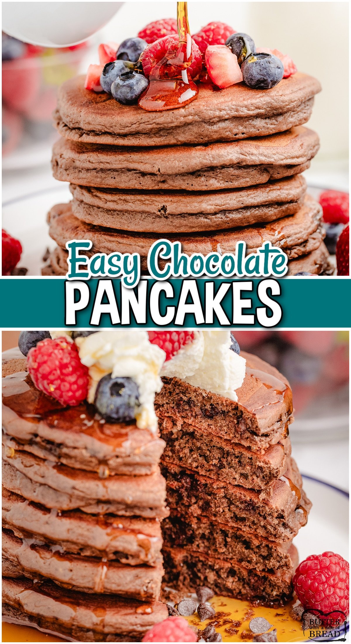 Chocolate Pancakes made from scratch & sweetened with brown sugar & honey! Double chocolate added to the pancake batter for great tasting pancakes! 