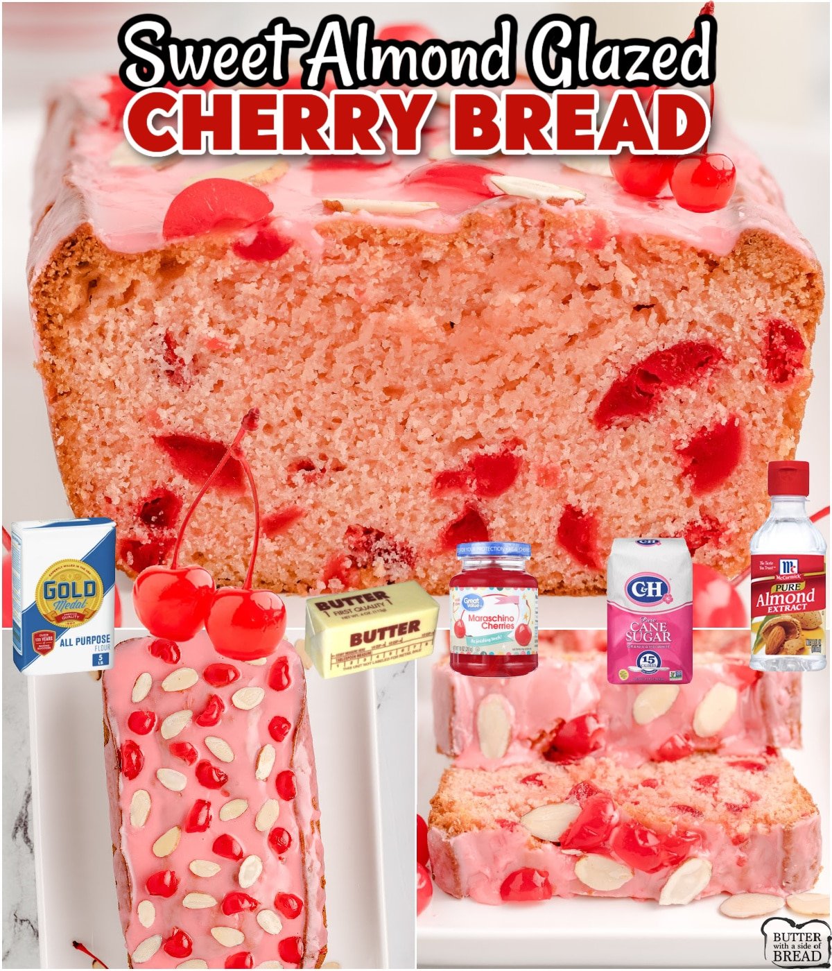 Glazed Cherry Almond Sweet Bread is a delightful bread recipe bursting with lovely cherry almond flavors! Simple bread turned pink from cherries & topped with a buttery almond glaze. 
