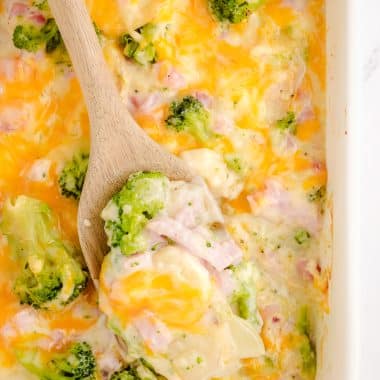 ham and broccoli scalloped potatoes in a baking dish
