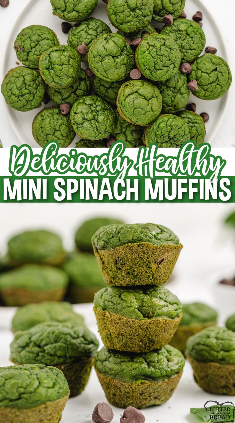 Mini Spinach Muffins are healthy, delicious, and a great way to sneak in some fruits and veggies. Made in a blender with spinach, avocado, apple sauce, honey and bananas, these mini muffins are packed with nutrients. Add a few chocolate chips and your kids will be begging you to make more! 