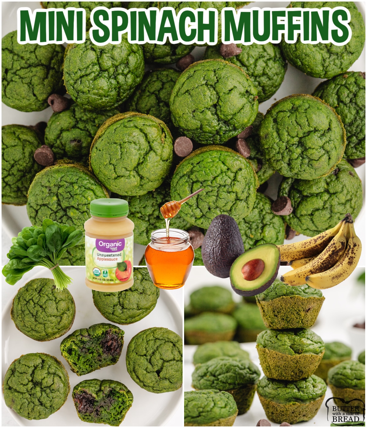 Mini Spinach Muffins are healthy, delicious, and a great way to sneak in some fruits and veggies. Made in a blender with spinach, avocado, apple sauce, honey and bananas, these mini muffins are packed with nutrients. Add a few chocolate chips and your kids will be begging you to make more! 