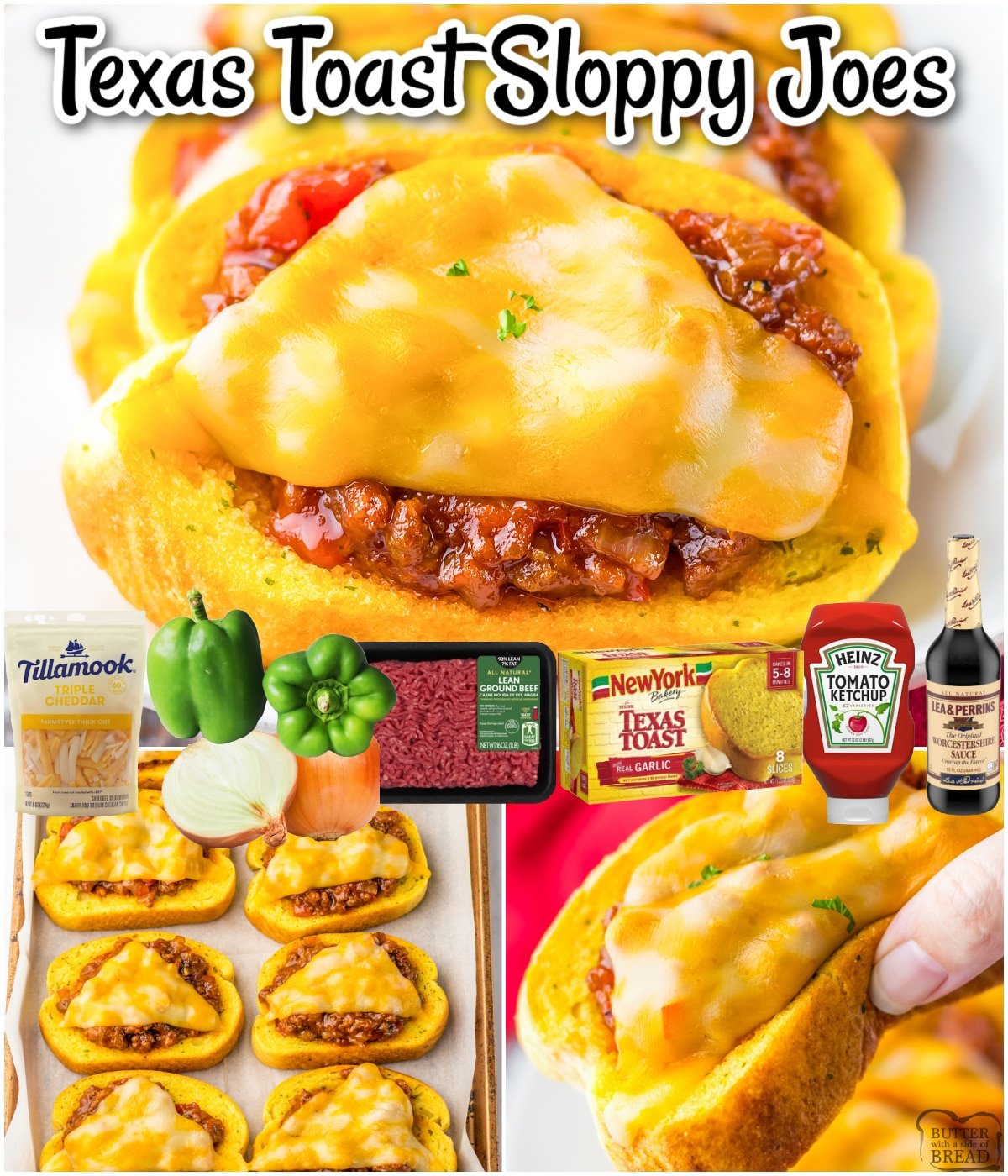Texas Toast Sloppy Joes are a quick & easy weeknight dinner that the whole family is sure to enjoy! Flavorful sloppy joe mix is piled on top of Texas toast garlic bread and topped with a slice of melty cheese.