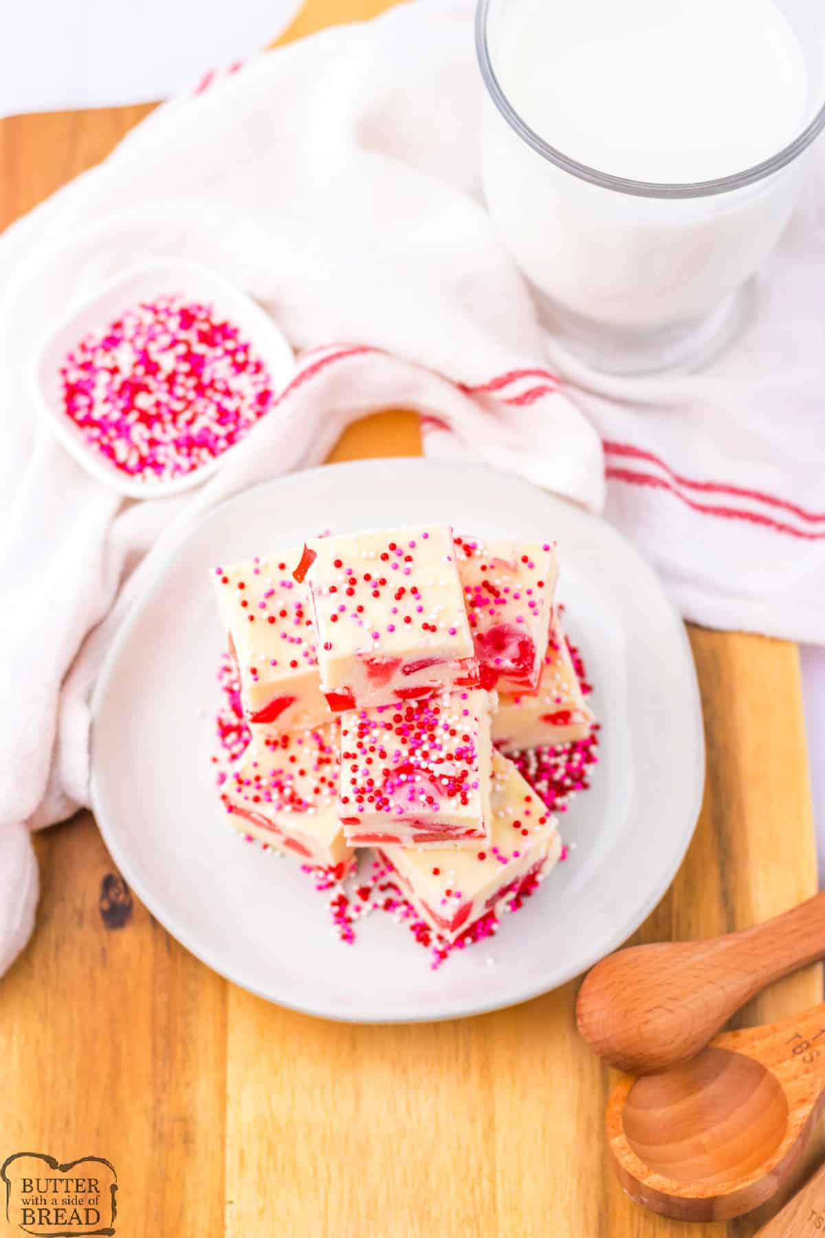 White chocolate fudge with pink and red gumdrops.