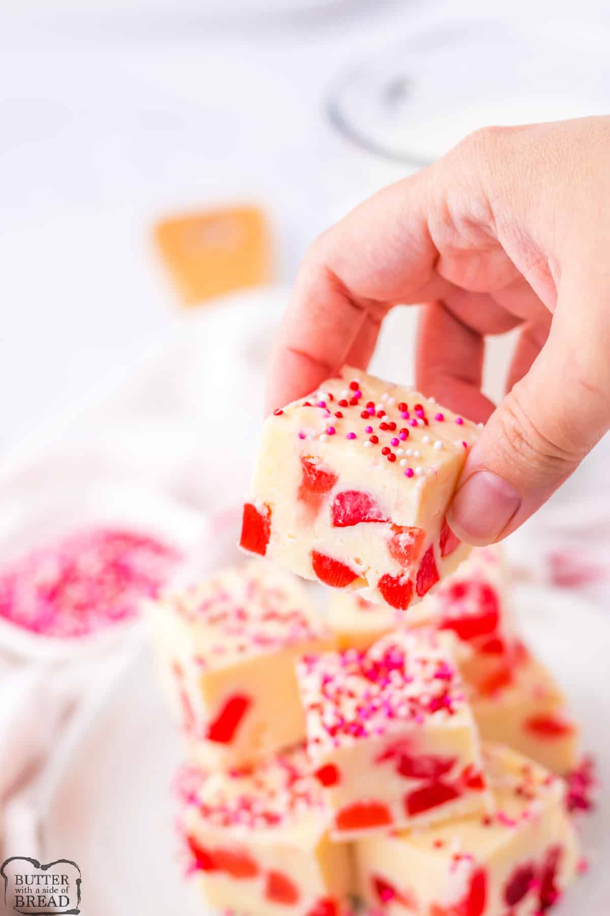 White chocolate fudge with gumdrops and sprinkles. 