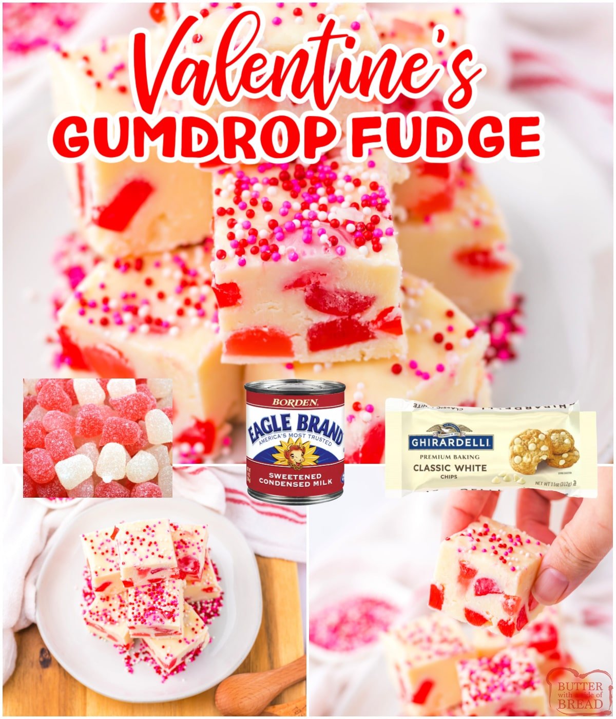 Valentine's Gumdrop Fudge is a fun, fast and easy Valentine’s treat!  You only need three ingredients to make this white chocolate fudge with pink and red gumdrops. 