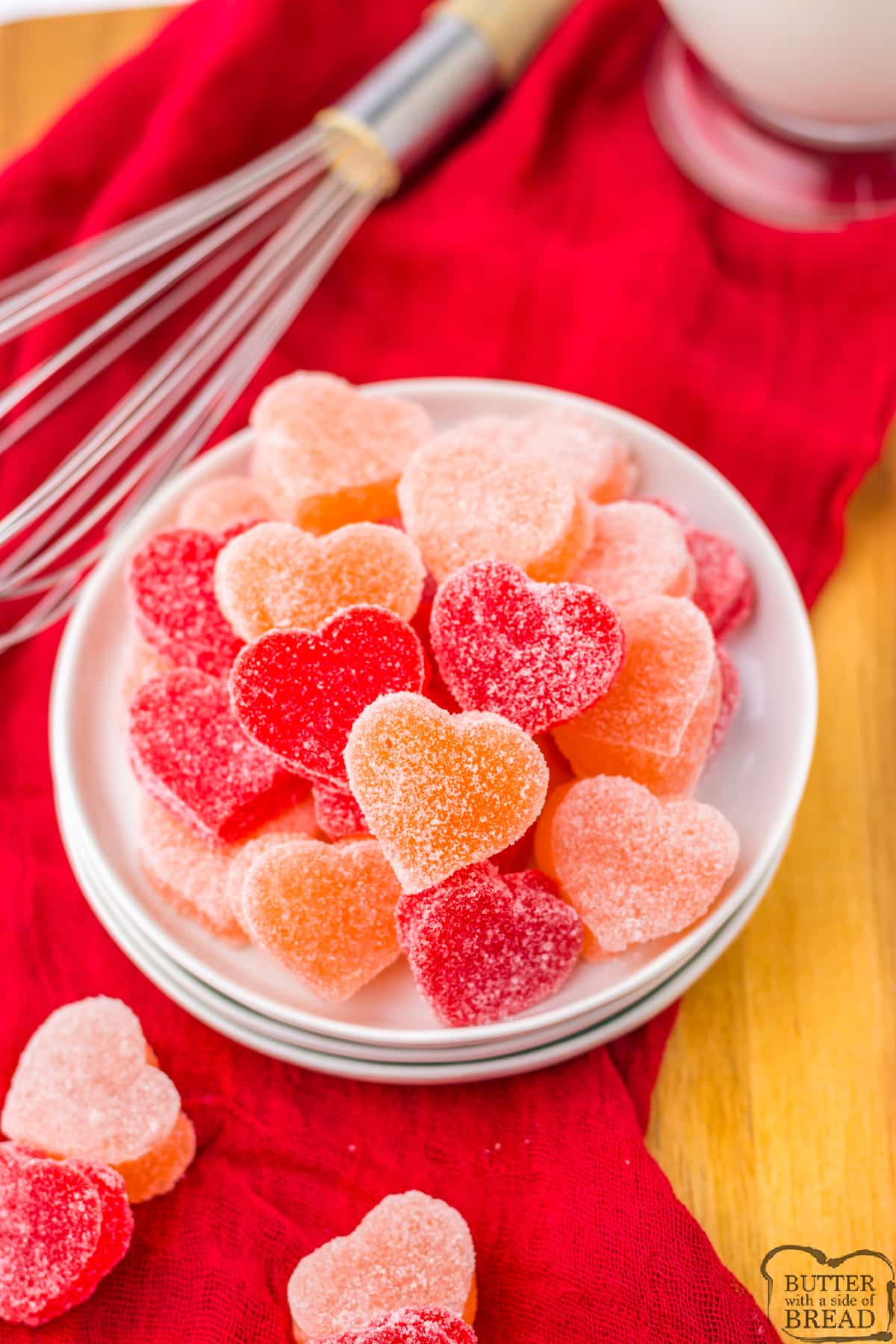 Plate of heart shaped candy. 