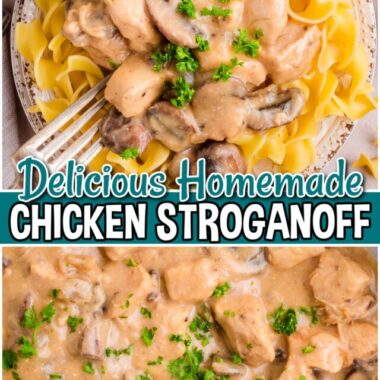 Chicken Stroganoff is a comforting dinner that's easy to make & full of flavor! This from scratch stroganoff recipe consists of sauteed chicken in a creamy mushroom sauce is ready in about 30 minutes!